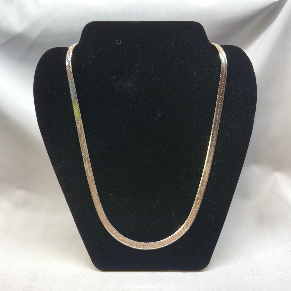 VTG Italy Herringbone Necklace Unisex 24" Silver Good 925 Flat Snake Chain 6mm